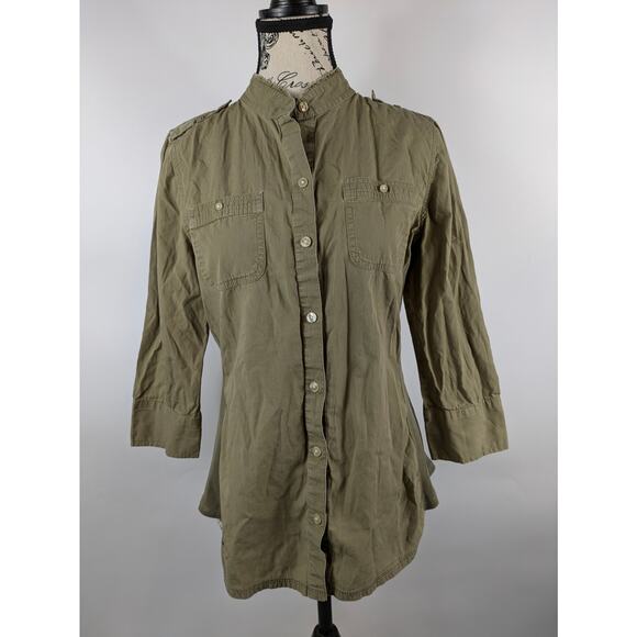 Converse Womens Medium Blouse Button Up 3/4 Sleeve Army Olive Green One Star Top - Picture 1 of 16